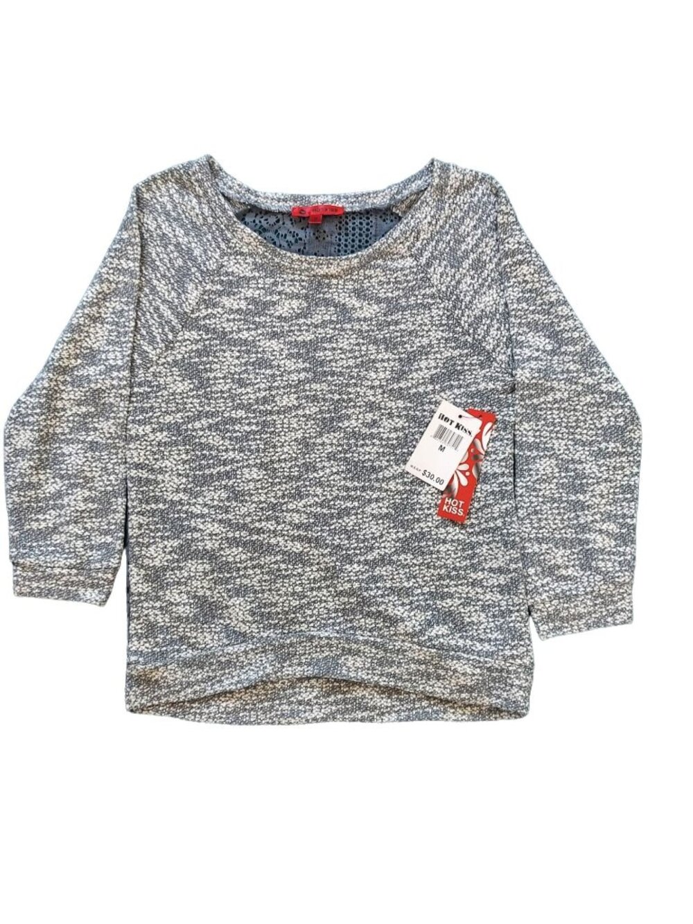 Hot Kiss Womens Long Sleeve Top Gray White Medium Knit Lace Back Sweater Size M